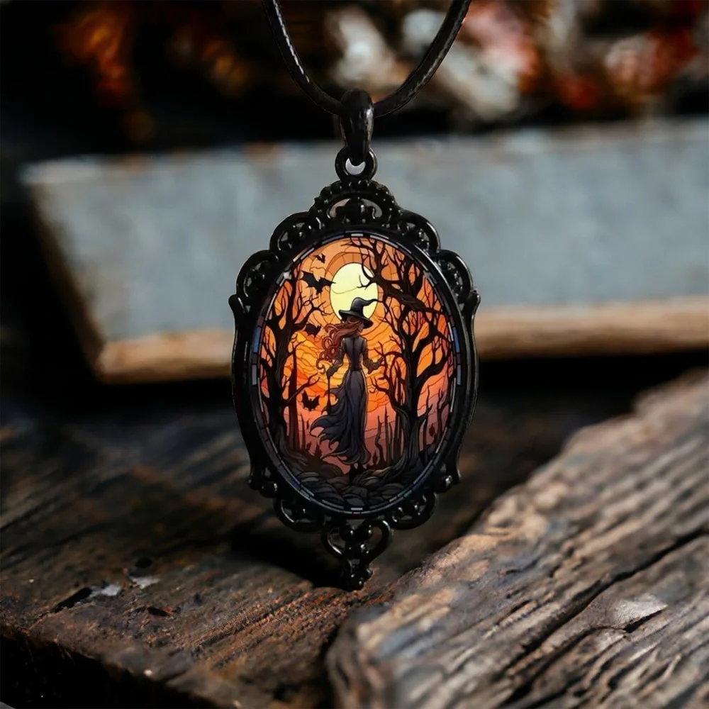 Retro Style Bat Witch Pendant Cameo Black Pendant  Necklace Gothic Glass Pendant